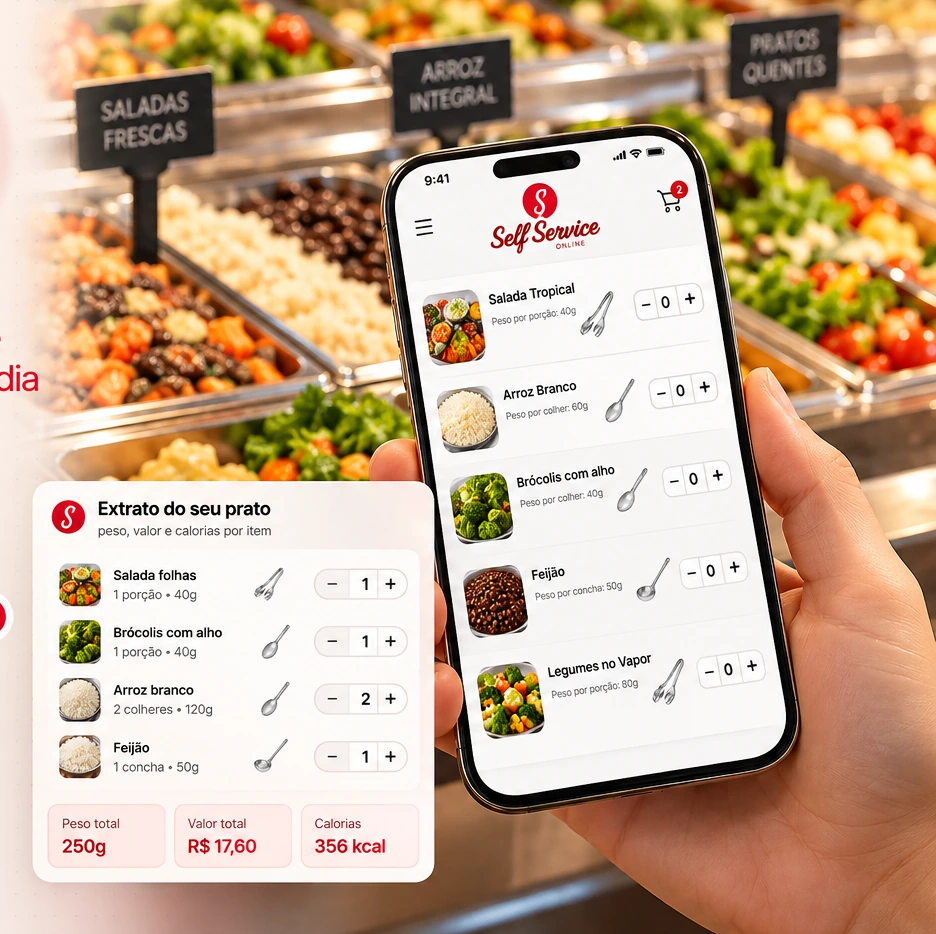 Buffet Self Service Online com celular exibindo o cardápio digital e extrato do prato