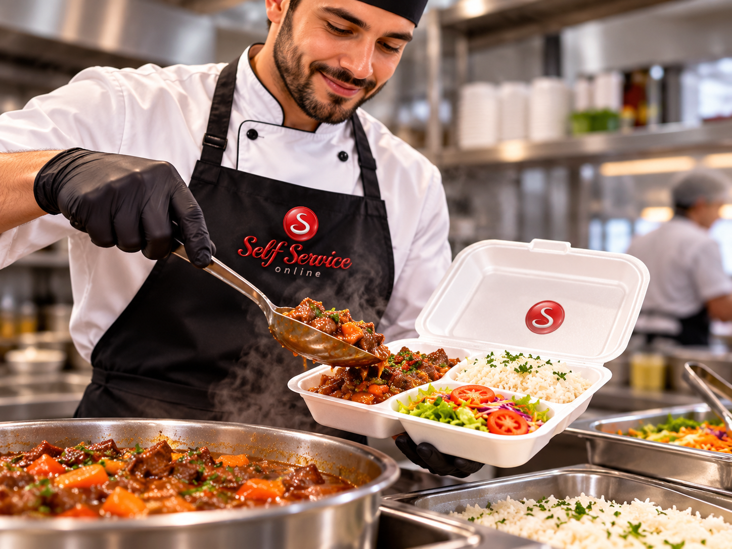Profissional de cozinha montando a refeição do SSOL em embalagem com divisórias